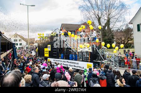 Das lokale Huber Baugeschäft läuft beim Bassersdorfer Fasnachtsumzug dabei. Dafür wurde extra ein Truck gestaltet, darauf spielt eine Band. (Basse Stockfoto