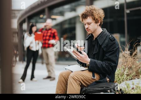 Unternehmer bei einem informellen Treffen im Freien, bei dem sie über digitale Tablets diskutieren Stockfoto