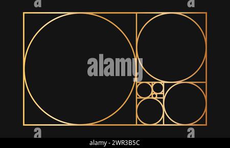 Vorlage „Golden Ratio“. Goldfarbener rechteckiger Rahmen, unterteilt in Quadrate und Kreise. Fibonacci-Sequenzraster. Ideales Layout der Symmetrie. Vektorabbildung. Stock Vektor