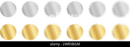 Set aus runden silbernen und goldenen Aufklebern mit Wackelrand und Zickzackrand. Glänzende metallische Etiketten, Abzeichen, Preisschilder, Coupons, Stempel wellige Formen isoliert auf weißem Hintergrund. Vektorabbildung. Stock Vektor