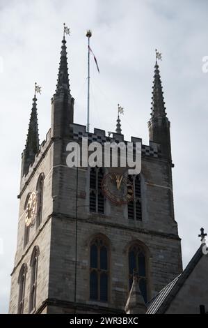 The Clock Tower, Southwark Cathedral; Southwark, London, Großbritannien; Southwark Cathedral oder Cathedral und Stiftskirche St. Erlöser und St. Mary Overie. Stockfoto