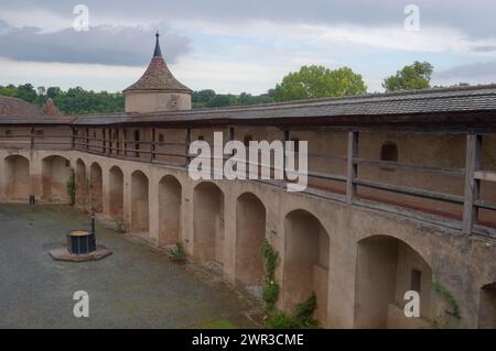 Historische Zinnen, Großcomburg, Comburg, Benediktinerkloster, Benediktinerkloster, Jakobsweg, Kocher Valley, Kocher, Schwaebisch Hall Stockfoto