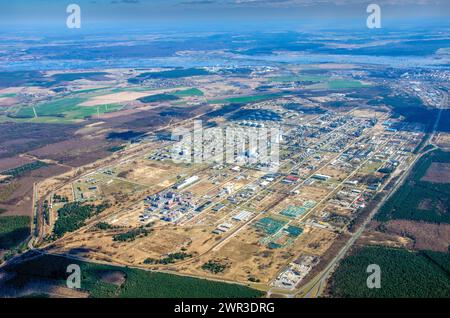 PCK Raffinerie Schwedt, Luftaufnahme, Raffinerie, Ölraffinerie, Brandenburg, Uckermark, Oder, Schwedt, Deutschland Stockfoto