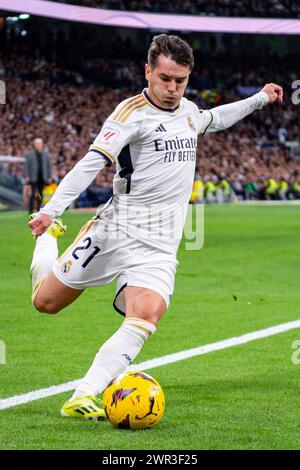 Madrid, Spanien. März 2024. Brahim Diaz von Real Madrid sah den Ball beim Fußballspiel La Liga EA Sports 2023/24 zwischen Real Madrid und Celta Vigo im Santiago Bernabeu Stadion in Madrid, Spanien. (Foto: /SIPA USA) Credit: SIPA USA/Alamy Live News Stockfoto