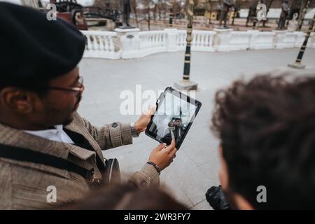 Jungunternehmer, die Tablets für Unternehmen in städtischen Umgebungen einsetzen. Stockfoto