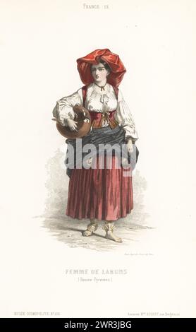 Frau von Laruns, Ossau-Tal, Pyrénées-Atlantiques, Frankreich. Aus Scharlach capulet, niedrig geschnittenem Oberteil mit Schnürung und weißer Bluse mit durchgehenden Ärmeln. Barfuß mit Röcken und Leggings, die sich für die Arbeit auf dem Feld aufstellten. Sie hält einen großen Tontopf. Femme de Laruns (Bässe Pyrénées). Handkolorierter Stahlstich aus Musée Cosmopolite, Musée de Cosmopolites, Cosmopolitan Museum, herausgegeben von ancienne maison Aubert, Paris, 1850. Stockfoto