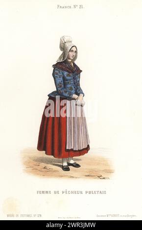 Fischfrau von Le Pollet, Dieppe, Normandie, Nordfrankreich, Mitte des 19. Jahrhunderts. In Motorhaube, Fichu, bestickter Jacke, durchgehenden Röcken, gestreifter Schürze, Schuhe mit Schnalle. Femme de Pecheur Poletais. Handkolorierter Stahlstich aus Musée Cosmopolite, Musée de Cosmopolites, Cosmopolitan Museum, herausgegeben von ancienne maison Aubert, Paris, 1850. Stockfoto