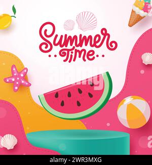 Textvektor-Poster im Sommer. Sommergruß mit niedlichen Wassermelonen-Fruchtelementen auf der Podiumbühne für Produktpräsentationsdesign. Vektor Stock Vektor