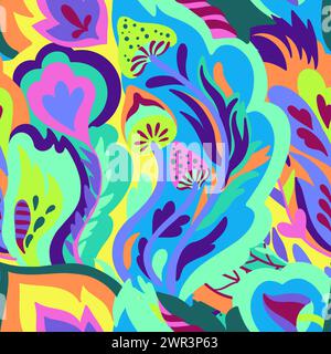 Farbenfrohes, nahtloses Muster mit chaotischen Blumen- und psychedelischen abstrakten Elementen. Vektorabbildung. Stock Vektor