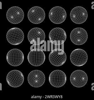 Drahtmodellformen, gefütterte Kugel. Perspektivisches Netz, 3D-Raster. Geometrische Elemente mit niedrigem Poly. Futuristische Retro-Designelemente, y2k, Vaporwave und Synthwave Stock Vektor