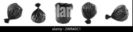 Schwarze Plastikmüllsäcke isoliert auf weiß, Set Stockfoto