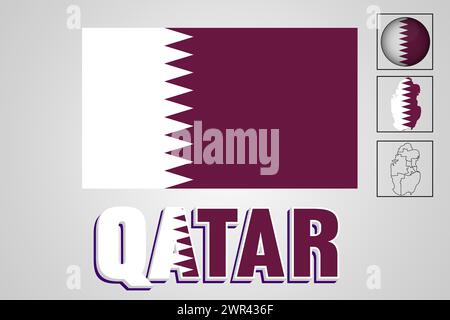 Qatar-Flagge und -Karte in Vektorillustration Stock Vektor