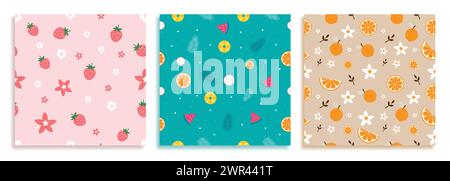 Sommer nahtlose Früchte Vektor Set Design. Endloses Sommermuster mit Elementen aus tropischen Früchten aus Erdbeeren, Orange, Ananas und Wassermelonen Stock Vektor