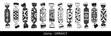 Eingewickelte Süßigkeiten mit linearem Ornament. Karamell Bonbon Lutscher Schokolade, Cartoon Doodle Süßigkeiten Snack Set. Zucker Dessert Essen kindliche Feier. Gewickelte schwarze und weiße Süßigkeiten Glyphe Vektor Illustration Stock Vektor
