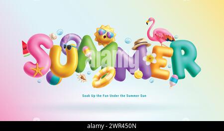 3D-Text-Vektor-Design für den Sommer. 3D-Typografie im Sommer mit Flamingo, Floatern, aufblasbaren Strandelementen und Hutstränden an heißen sonnigen Tagen im Freien, saisonal Stock Vektor