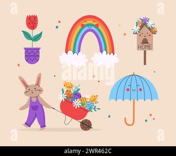 Süßes Kaninchen mit Schubkarre und kleinen Küken. Frühlingsset mit niedlichen Gegenständen. Lustige Vektor-Illustration. Ostertagskonzept. Für Grußkarten, Poster Stock Vektor