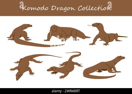 Komodo Drachen Vektor Illustration Set. Niedlicher Komodo-Drache isoliert auf weißem Hintergrund. Stock Vektor