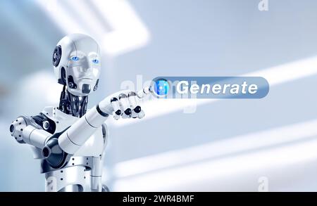 Generatives KI-Konzept. Technologie der künstlichen Intelligenz für digitale Inhalte und automatisierte Datenumwandlung. Roboter drücken Sie die Schaltfläche „Generieren“. Chat b Stockfoto