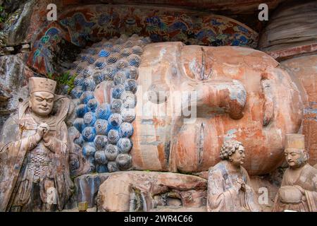 Felsskulptur der 31 m langen schlafenden buddha-Statue von sakyamuni in Nirvana, dazu Felsenschnitzereien, unesco-Weltkulturerbe, Gemeinde chongqing Stockfoto