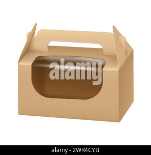 Karton mit Kunststofffenster und Griff realistische Vektorillustration. 3D-Objekt auf weißem Hintergrund für die Lieferung von Lebensmitteln Stock Vektor