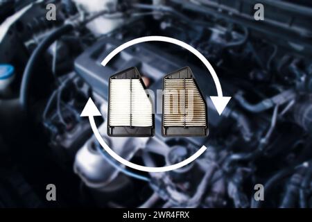 Kfz-Luftfilter, neuer und alter Kfz-Luftfilter im Vergleich zum Austausch, Kfz-Wartungskonzept Stockfoto