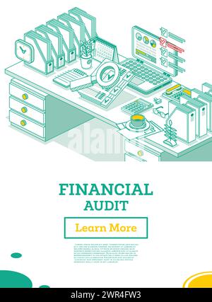 Finanzprüfung. Isometrisches Geschäftskonzept. Steuerbericht Des Kontos. Laptop mit Kalender und Lupe. Vektorgrafik. Dokumente Unter „Vergrösserungs“. Stock Vektor