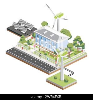 Isometrisches zweistöckiges Wohngebäude mit Solarpaneelen und Windturbinen. Grünes, umweltfreundliches Haus. Infografik-Element. Infografik-Element. Stock Vektor