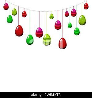 Frühlingsvektorgirlande mit roten, grünen und gelben Eiern auf weißem isoliertem Hintergrund für Ostern. Flaches Designelement. Minimale Illustration für das Design von Stock Vektor