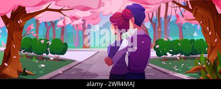Junges Paar im japanischen Park mit rosa blühenden Sakura-Bäumen im Frühling. Karikaturvektor-Illustration der Ansicht von hinten auf Mann umarmt Frau beim Stehen im öffentlichen Stadtgarten mit Blütenkirsche. Stock Vektor