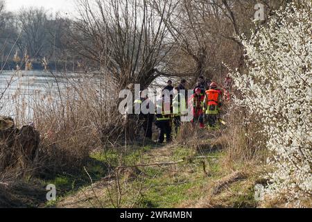 Halle - Auto in die Saale gestürzt, Fahrer tot geborgen: Feuerwehr und Wasserwacht im Großeinsatz 08.03.2024 gegen 14,30 Uhr Halle Saale, Eierweg Röpziger Brücke PM Polizeiinspektion Halle: Am Freitagnachmittag gegen 14,30 Uhr wurde in Halle Saale ein in der Saale im Bereich Röpziger Brücke treibendes und absinkendes Auto gemeldet. Das Fahrzeug wurde geortet und in der weiteren Folge durch Taucher zunächst verankert, um ein weiteres abtreiben zu verhindern. In den Abendstunden konnte eine männliche Person tot aus dem Wasser befindlichen Fahrzeug geborgen werden. Es waren Einsatzkräfte und T Stockfoto