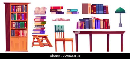 Öffentliche Bibliothek Bücher, Möbel und Ausrüstung Cartoon Vektor Illustration Set. Literatur auf Regalen im Bücherregal, stapelweise und offen, Holztisch und -Stuhl, Lampe für Schulstudium oder Lesekonzept. Stock Vektor