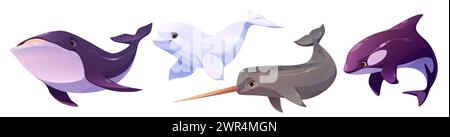Polare Wassertiere isoliert auf weißem Hintergrund. Vektor-Cartoon-Illustration von Walen, Narwalen, Orcas, Beluga, Delfinfiguren, die im Meer oder Ozean schwimmen, Unterwasser-Tier-Design-Elemente Stock Vektor