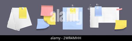 Notizpapier mit Klebeband und Stiften. Weiße und farbenfrohe Notizblock-Seiten und Aufkleber für Speicherbeschriftungen. Realistische Vektorgrafik-Satz von Rahmen für Bulletin-Hinweis. Stock Vektor