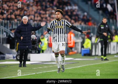 Turin, Italien. März 2024. Weston McKennie von Juventus FC reagiert während des Spiels zwischen Juventus FC und Atalanta BC als Teil der italienischen Serie A, des Fußballspiels im Allianz Stadium. Endpunktzahl: Juventus FC 2:2 Atalanta BC. (Foto: Nderim Kaceli/SOPA Images/SIPA USA) Credit: SIPA USA/Alamy Live News Stockfoto