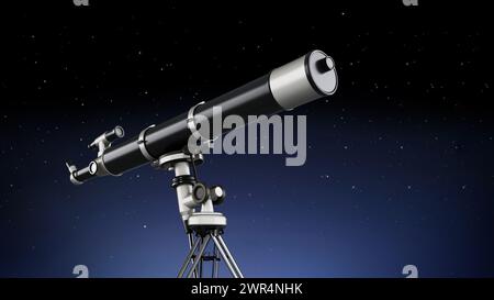 Teleskop auf den Himmel auf Nacht Hintergrund gerichtet. 3D Abbildung. Stockfoto