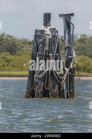 Eine vertikale aus Holzsäulen, die mit einem Seil in einem See umwickelt sind Stockfoto