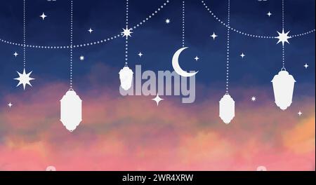 Arabische traditionelle Ramadan Kareem östliche Laternen Girlande. Muslimische dekorative hängende Laternen, Sterne und Mondvektorillustration. Islamisch-orientalisch g Stock Vektor