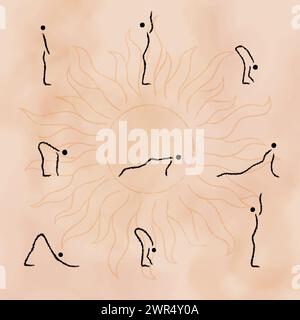 Sonnengruß Yoga Asana, Surya Namaskar, eine Sequenz. Stabfigur Yoga-Posen, die die Sonne repräsentieren. Einfaches Infografik-Poster im minimalen Stil Stock Vektor