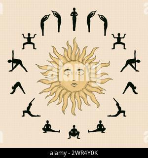 Yoga Asana, Surya Namaskar, eine Sequenz. Menschliche Figur Yoga posiert im Kreis. Einfaches Infografik-Poster im minimalen Stil Stock Vektor