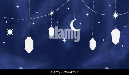 Arabische traditionelle Ramadan Kareem östliche Laternen Girlande. Muslimische dekorative hängende Laternen, Sterne und Mondvektorillustration. Islamisch-orientalisch g Stock Vektor