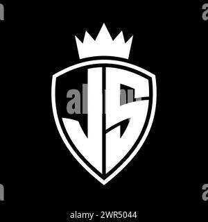 Auffälliges Monogramm des JS Letters mit Schild- und Kronenumrissform mit schwarz-weißer Farbvorlage Stockfoto