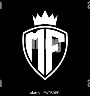 Auffälliges Monogramm des MF-Letters mit Schild- und Kronenumrissform mit schwarz-weißer Farbvorlage Stockfoto