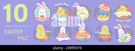 Frohe Ostern Set. Designs für die Frühlingsferien. Herzliche Glückwünsche mit bemalten ostereiern, Kaninchen, Hasen, festlichen Kuchen. Farbiger flacher Vektor Stock Vektor