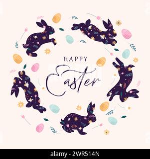 Dekorierte osterkarte, Ostervolkshasen für Banner. Hasen, Ostereier, Blumen, Poster. Flache Vektorabbildungen Stock Vektor