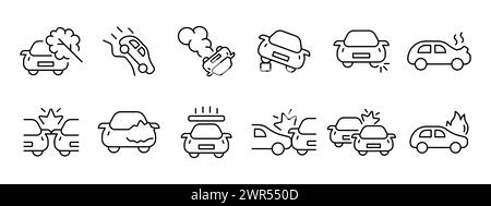 Symbol „Autounfall eingestellt“. Ein Unfall, ein umgestürzter Baum, ein Auto stürzt in die Seite, hinten, seitlich. Ein kaputter Reifen, Motor überhitzt, Feuer, Sturz. Fahrzeug versehentlich Stock Vektor