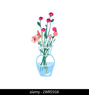 Frühlingsblumen in Vase. Sanftes Feld Blumenpflanzen. Frische Blüten. Einfache zerbrechliche Wildblüten. Schnittweide Wildblumenstrauß, Stämme isoliert auf weißem Hintergrund. Illustration des flachen Vektors Stock Vektor