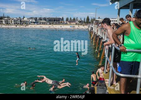 Adelaide, SA Australien 11. März 2024 . Schwimmer springen heute vom Pier-Strand im Küstenvorort Henley Adelaide ab, da die Temperaturen auf 40 Celsius steigen, während die Hitzewelle anhält und bis Ende der Woche in Adelaside und in Südaustralien anhalten wird.Credit: amer ghazzal/Alamy Live News Stockfoto