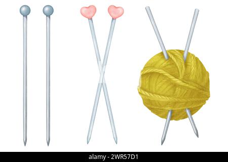 Aquarellset Stricknadeln. Isolierte Objekte mit Stahlnadeln mit runden blauen Spitzen, verziert mit rosafarbenen Kunststoffherzen. Bastelwerkzeuge Stockfoto