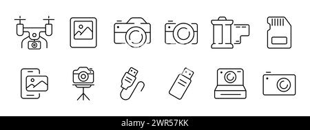 Symbol für Fotoaufnahmeset. Drohne, moderne Kamera, Videokamera, Film, SD-Karte, Speicherkarte, Stativ, Flash-Laufwerk, Kabel, Vintage-Kamera, schießen Sie ca. Stock Vektor