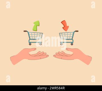 Einkaufskörbe in der Hand Menschen tauschen Konsumgüter indirekt aus, um Geld zu vermeiden Stock Vektor